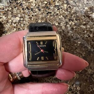 Chico's Faux Black Leather and Gold Tone Cuff Watch